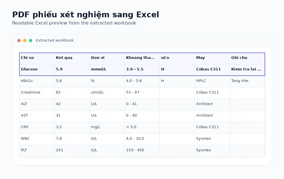 Vietnamese lab result PDF converted into Excel with result, unit, reference range, and flag columns.