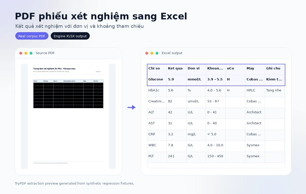 Vietnamese lab result PDF converted into Excel with result, unit, reference range, and flag columns.